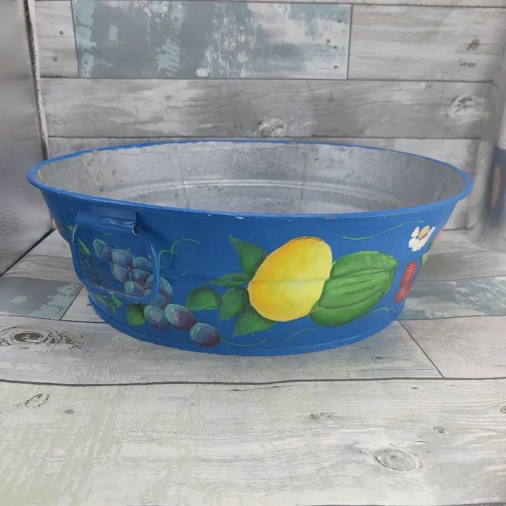 VINTAGE HAND Painted Galvanized Metal Tub Colorful Fruits on Blue